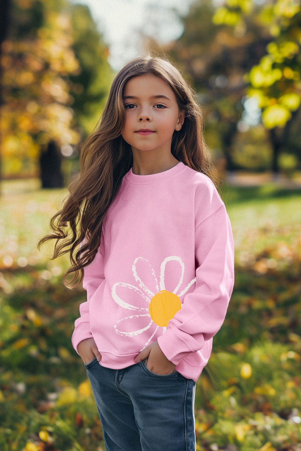 Pembe K?z Cocuk Mevsimlik-Ince Cicek Desenli Orme Sweatshirt TKDAW25SW00001