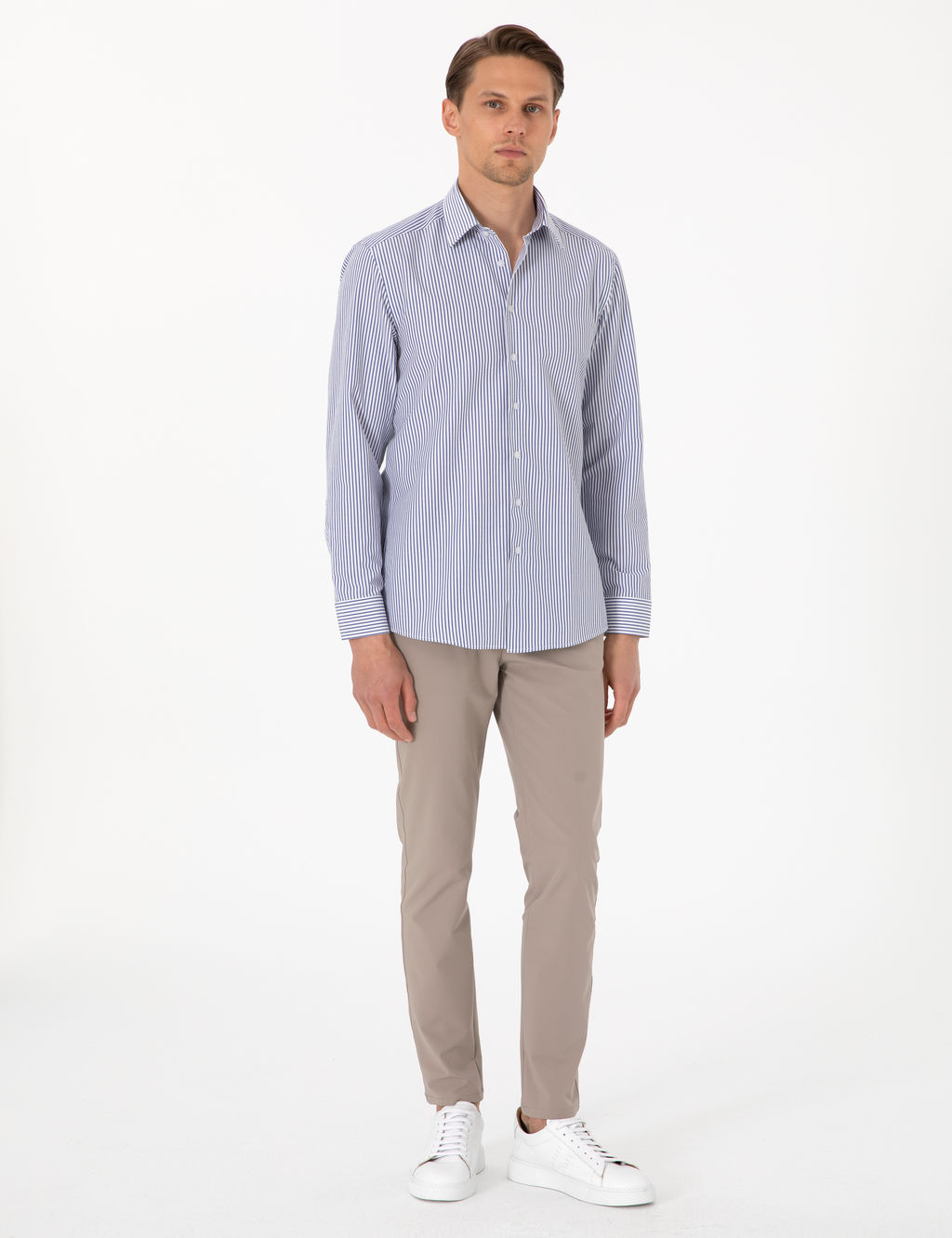 Mavi Slim Fit _izgili Uzun Kollu G_mlek