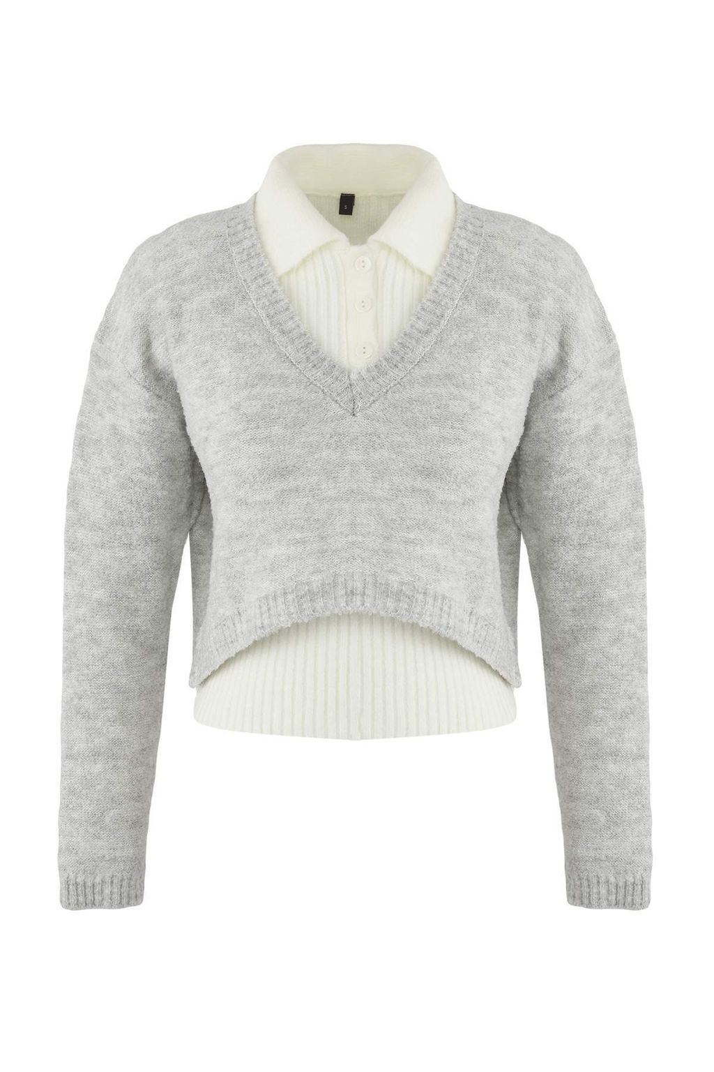 Teen Gri 2li Yumusak Dokulu Ici Fitilli - D?s? Genis Kal?p Crop Triko Kazak TWOAW26HI00139