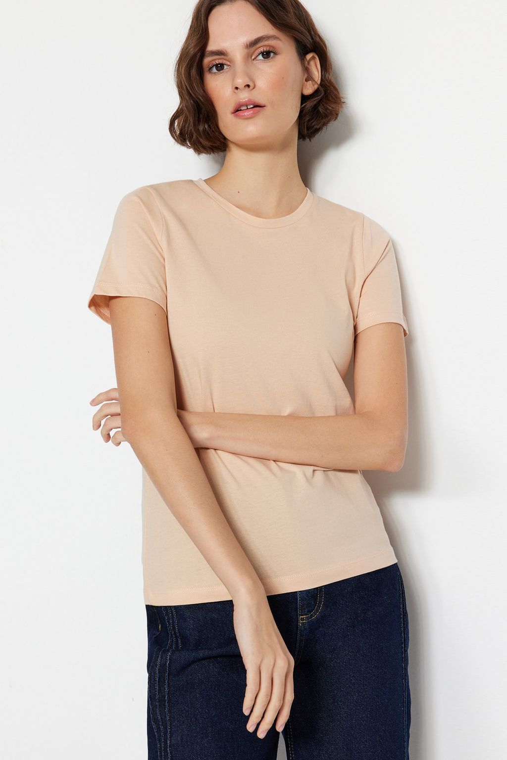 Lacivert-Bej %100 Pamuk 2li Paket Basic Bisiklet Yaka Orme T-Shirt TWOSS20TS0141