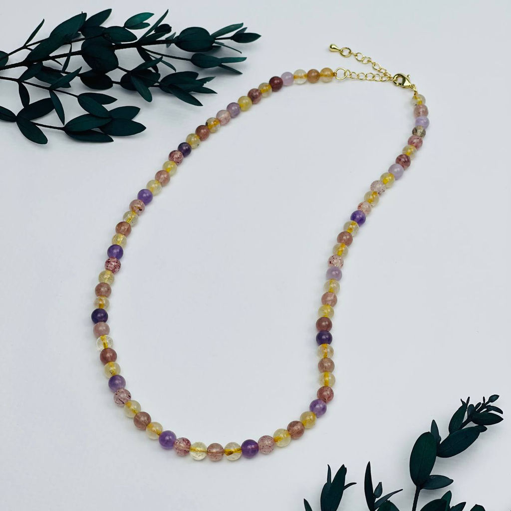 Бусы из Рутилового кварца, Клубничного кварца и Аметиста 42 см +