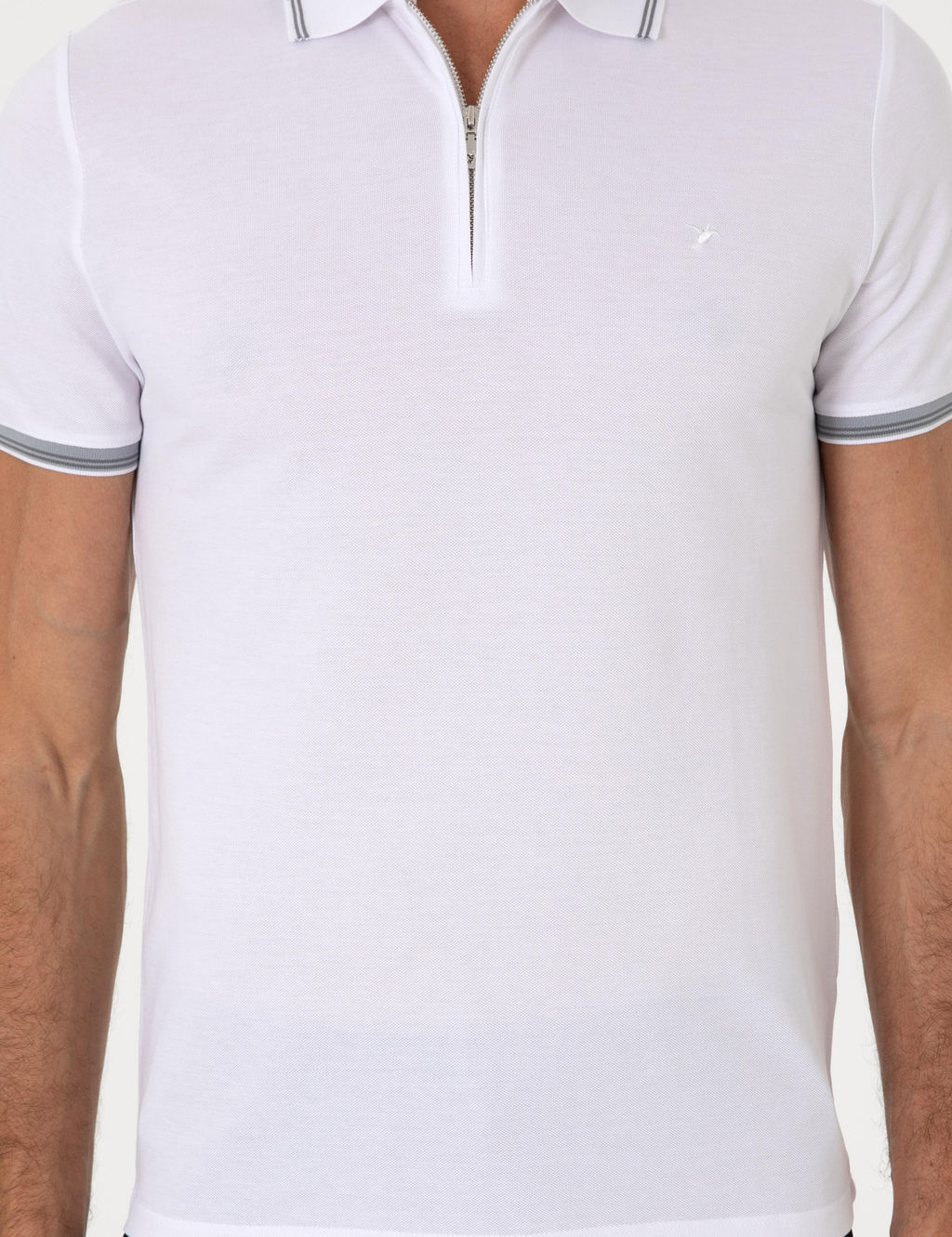 Beyaz Slim Fit %100 Pamuk Fermuarl_ Polo Yaka T-shirt