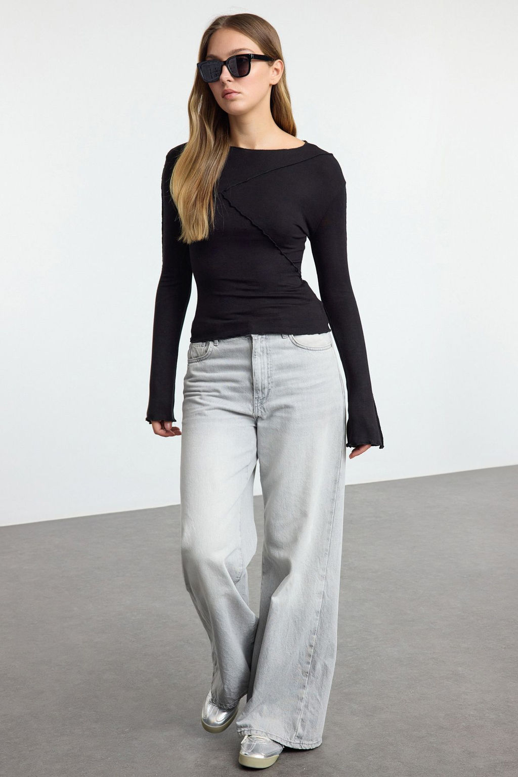 Antrasit Nervur Detayl? Fitted/Vucuda Oturan Ispanyol Kol Orme Bluz TWOAW25BZ00244 - Trendyolmilla фото 2