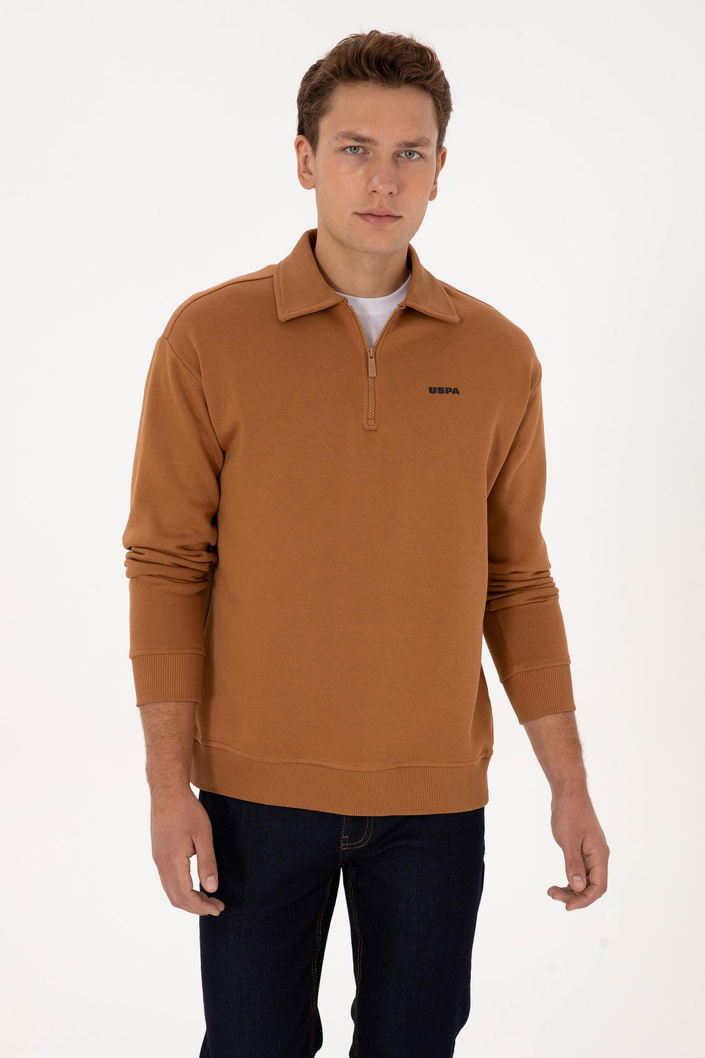 Erkek Regular Fit Yar_m Fermuarl_ Camel Basic Sweatshirt