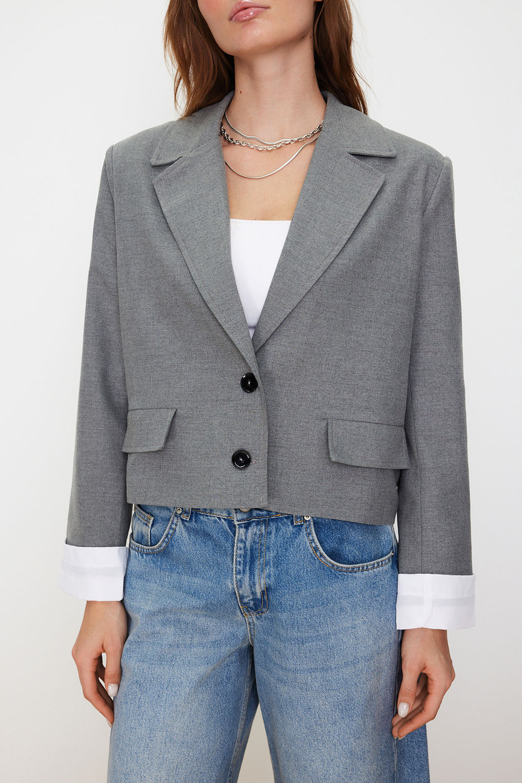 TRENDYOLMILLA Antrasit Kolu Manset Detayl? Dokuma Blazer Ceket TWOSS24BC00015  фото 5