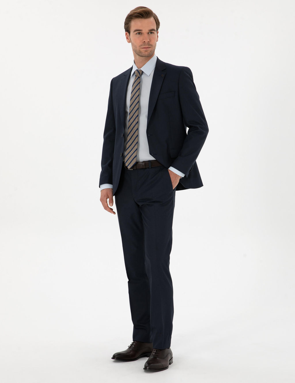 Lacivert Slim Fit Mikro Desenli Mono Yaka Tak_m Elbise - Cacharel фото 4
