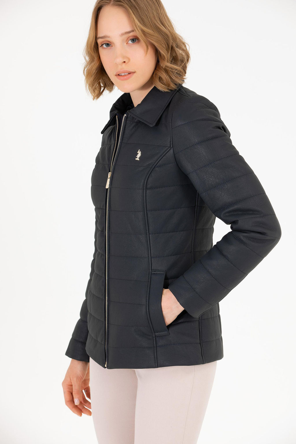 Женская темно-синяя кожаная куртка - U.s. polo assn фото 2