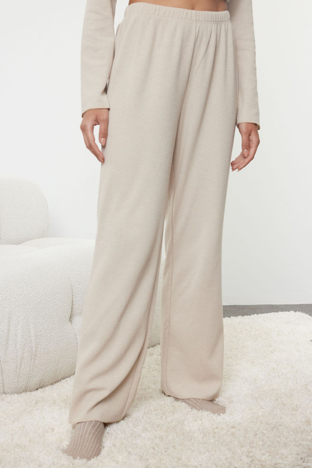Trendyolmilla Bej Kurdele/Fiyonklu Waffle Kumas Orme Pijama Tak?m? THMAW25PT00195  фото 3