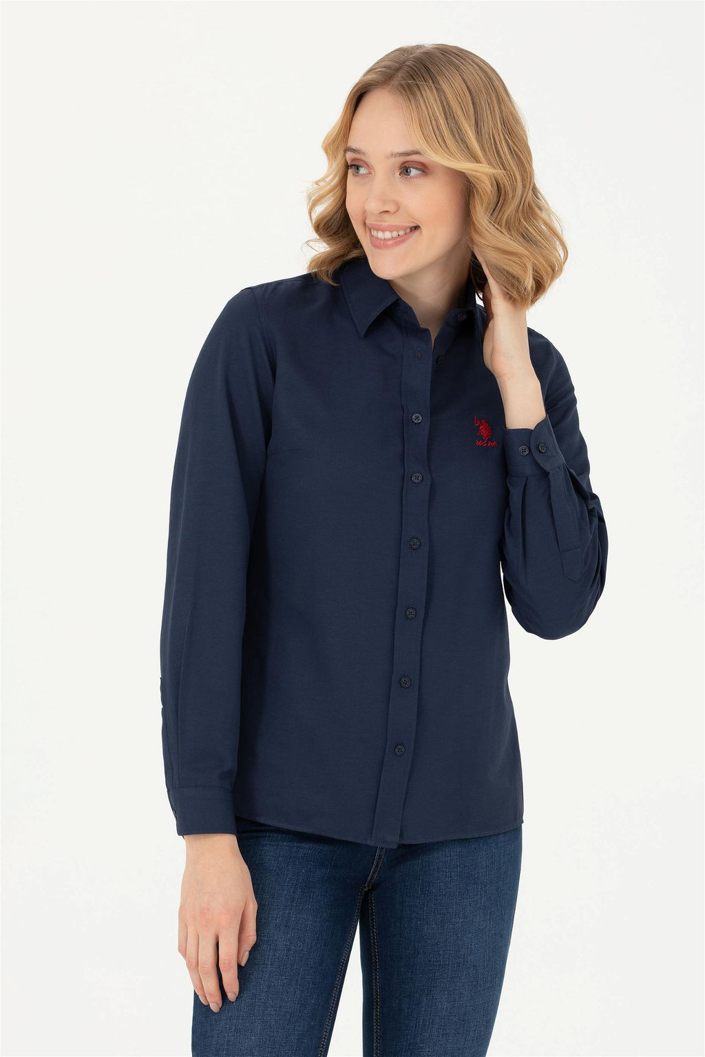 Женская базовая рубашка темно-синего цвета с длинным рукавом - U.s. polo assn фото 8