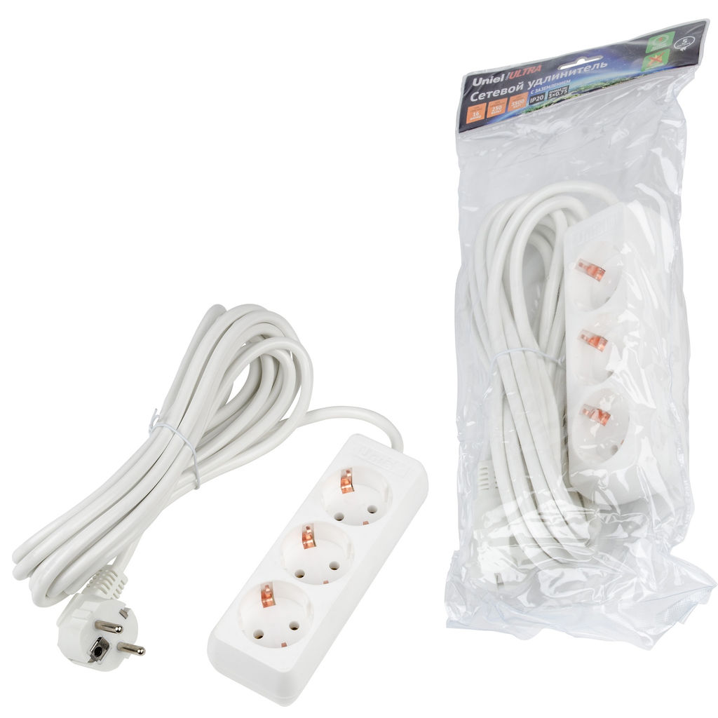 S-GCU3-5 WHITE Удлинитель серии Ultra, шнур 5м., 3 гнезда, 16A, с/з. Белый. TM Uniel