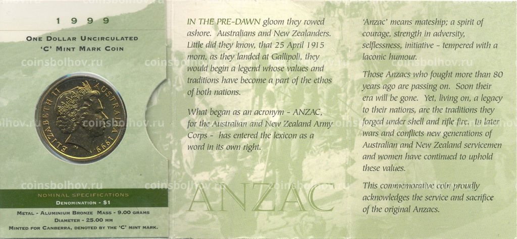 Монета 1 доллар 1999 года С Австралия Последние из АНЗАК (в блистере)