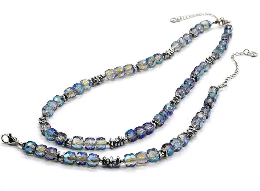 Чокер и браслет из циркона кубик граненый 6*6мм, цвет синий, 40см, 17см - Радуга камня фото 2