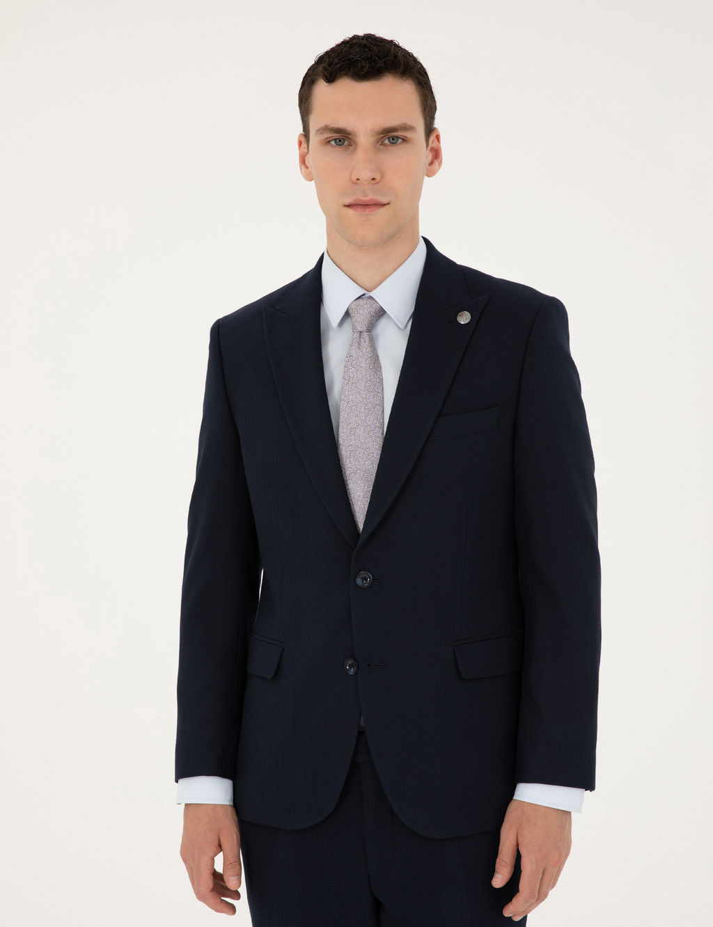 Lacivert Slim Fit _izgili Tak_m Elbise