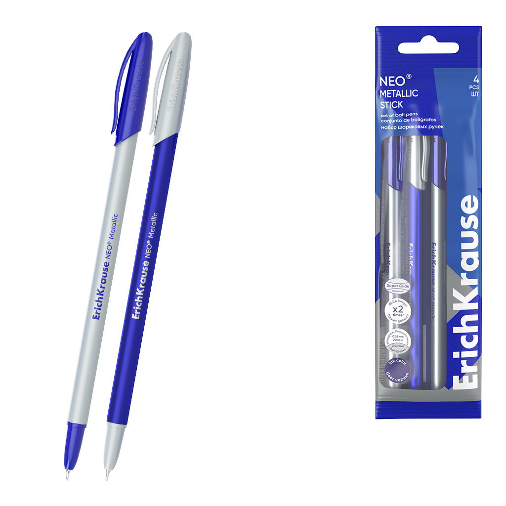 Цена за 12 шт. Набор из 4 ручек шариковых ErichKrause Neo® Stick Metallic 0.7, Super Glide Technology, цвет чернил синий (в пакете)