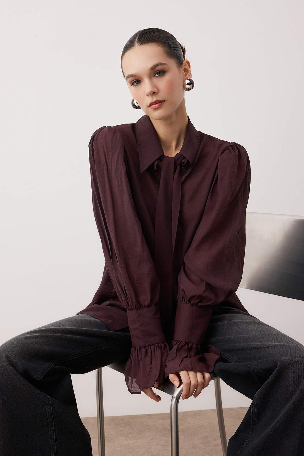 Bordo Baglama Detayl? Hafif Transparan Yumusak Hisli Boho Gomlek TWOAW26GO00111 - Trendyolmilla фото 12