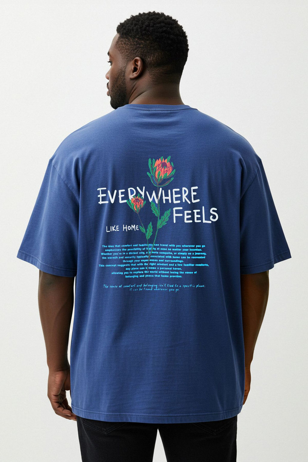 TRENDYOL MAN Indigo Buyuk Beden Oversize/Genis Kesim Cicek Nak?sl? %100 Pamuk T-Shirt TMNSS25BF00024