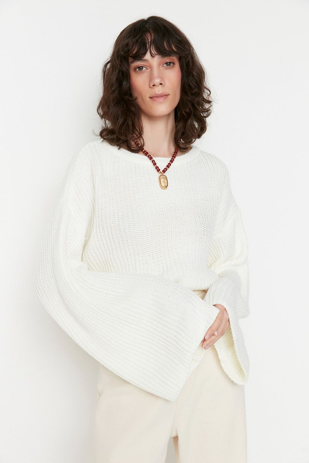 Ekru Crop Genis Kal?p Ispanyol Kol Triko Kazak TWOAW20KZ0743