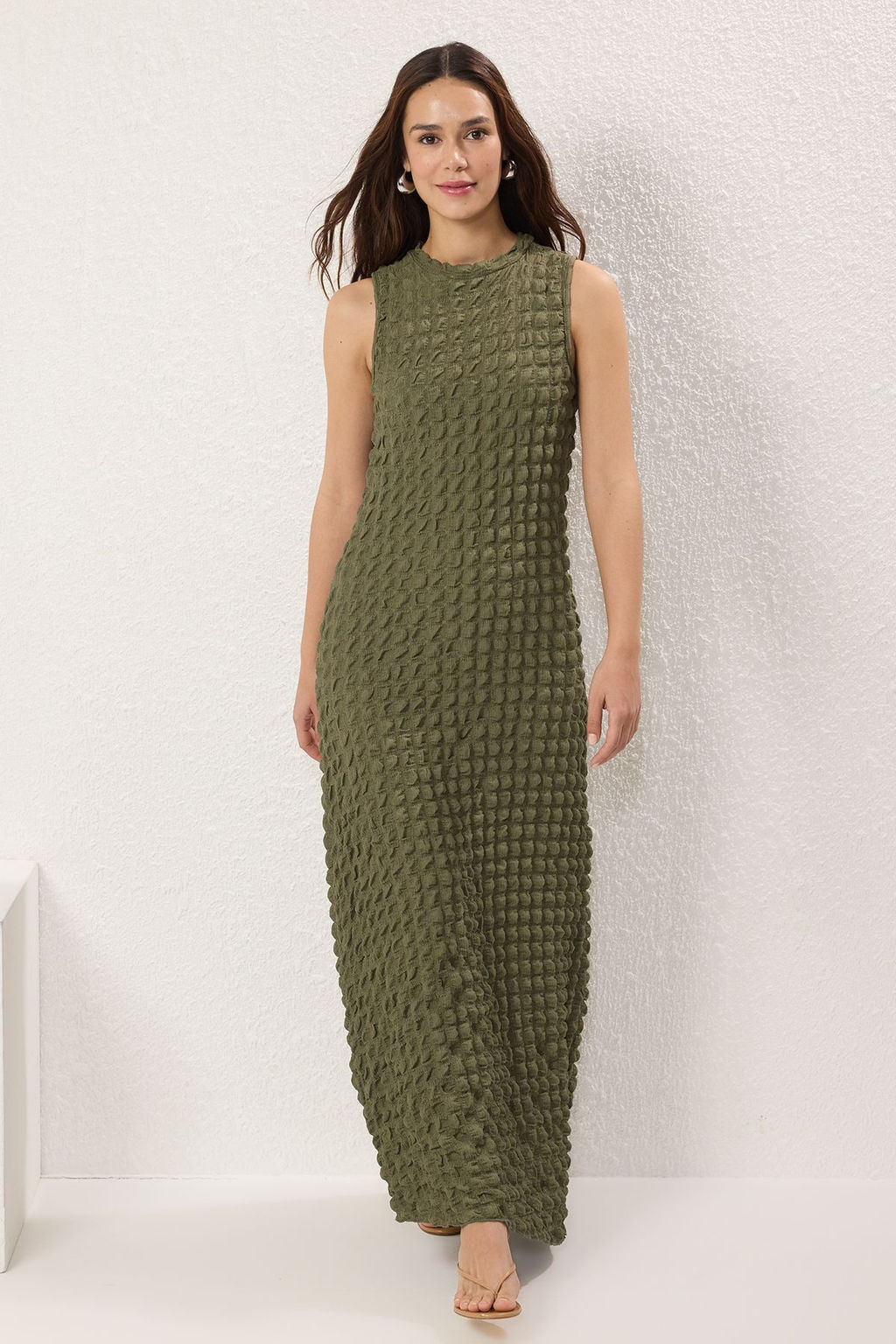 Haki Duz Dokulu A Kesim/Can Form Bisiklet Yaka Dokulu Maxi Elbise TWOSS24EL00683