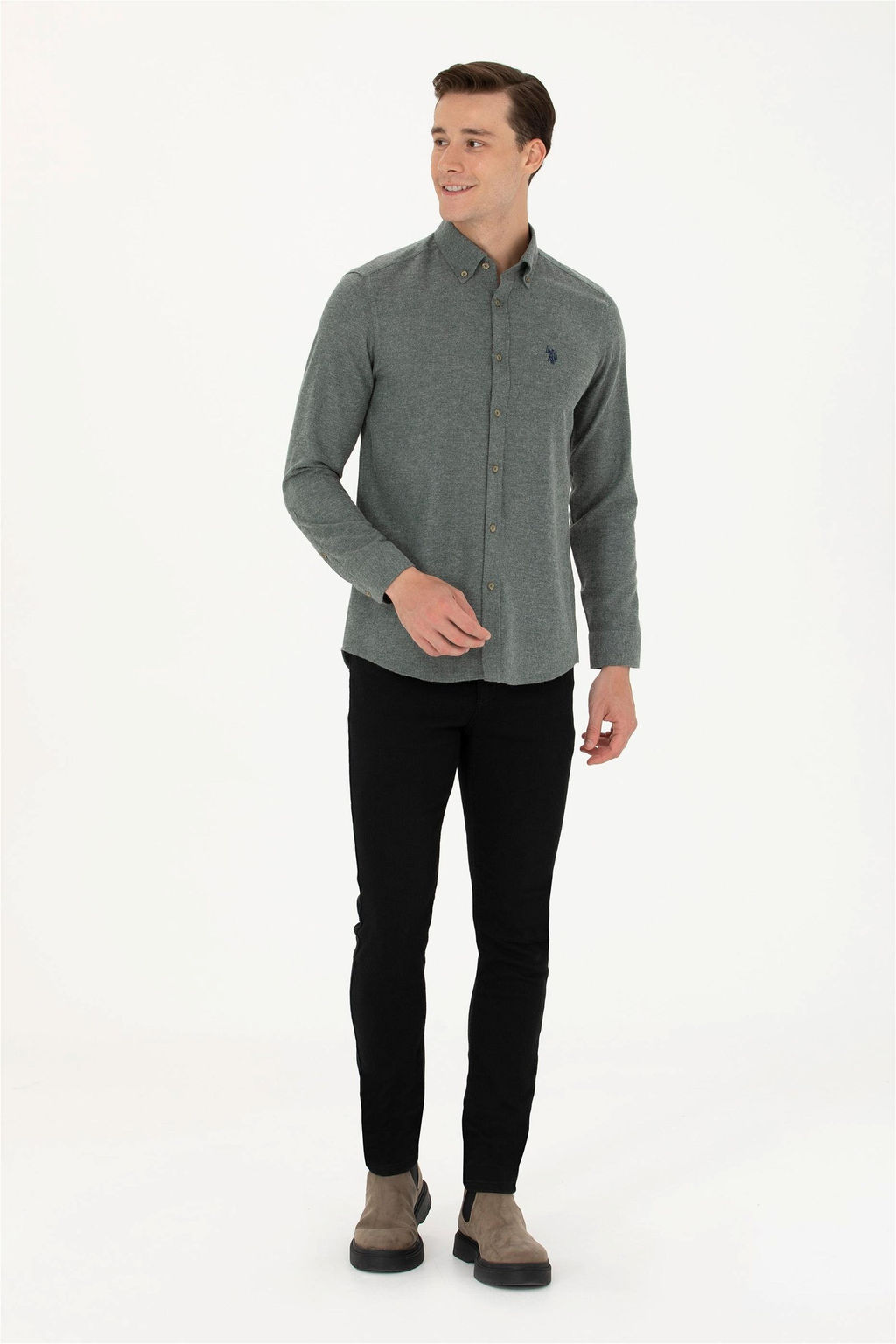 U. S. Polo Assn / Мужская темно-зеленая базовая рубашка с длинным рукавом - U.s. polo assn фото 4