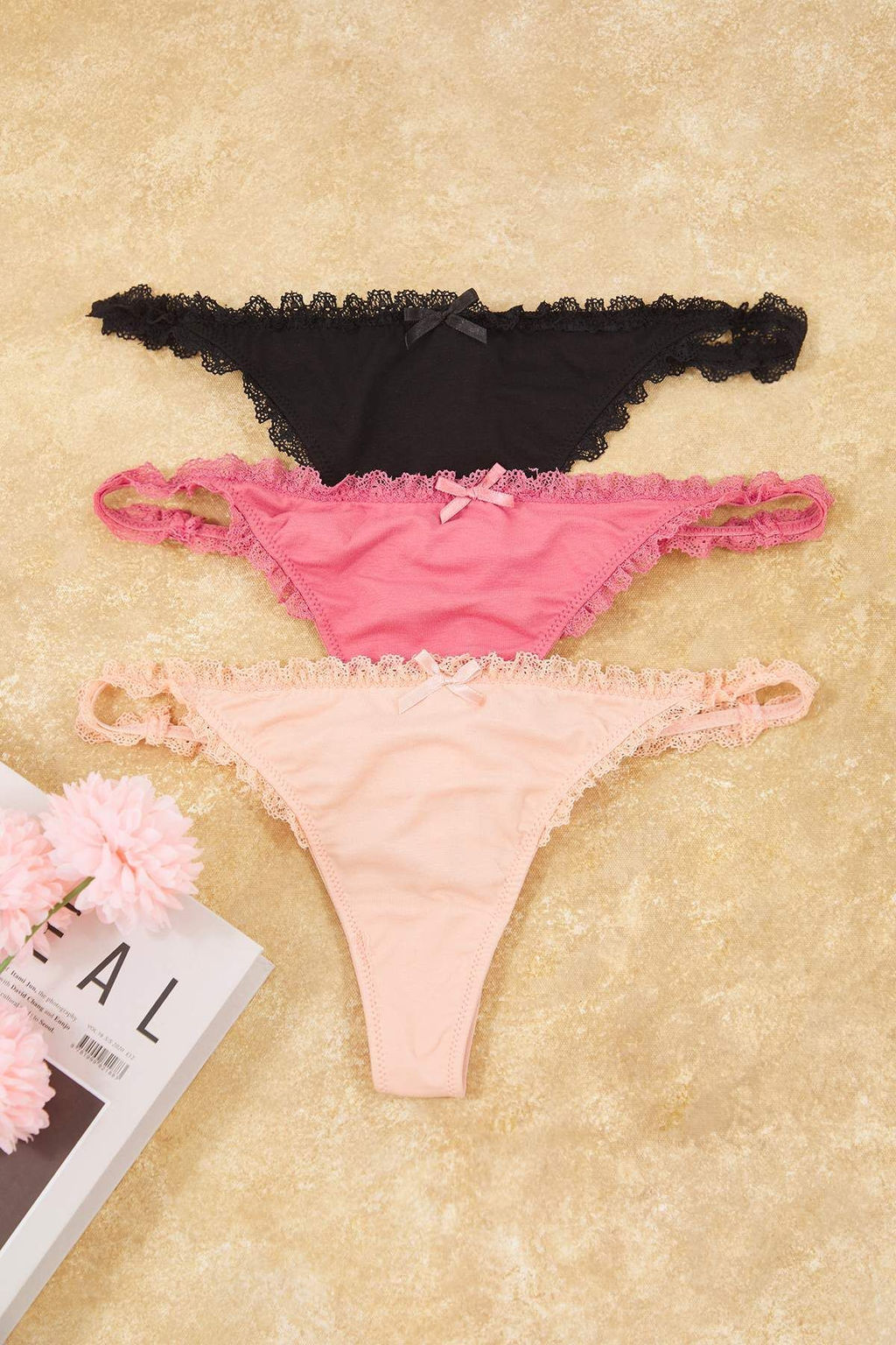 Pembe-Cok Renkli 3lu Pamuklu Kurdele/Fiyonk ve Dantel Detayl? Orme Tanga Kulot THMAW26KU00007 - Trendyolmilla фото 7