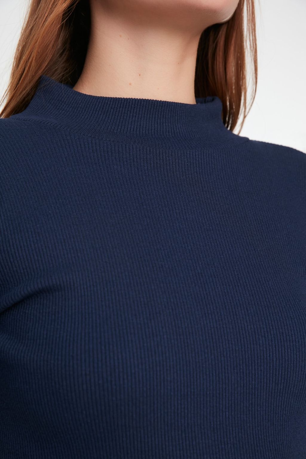 Lacivert Fitted/Vucuda Oturan Dik Yaka Uzun Kol Fitilli Esnek Orme Bluz TWOAW21BZ0423