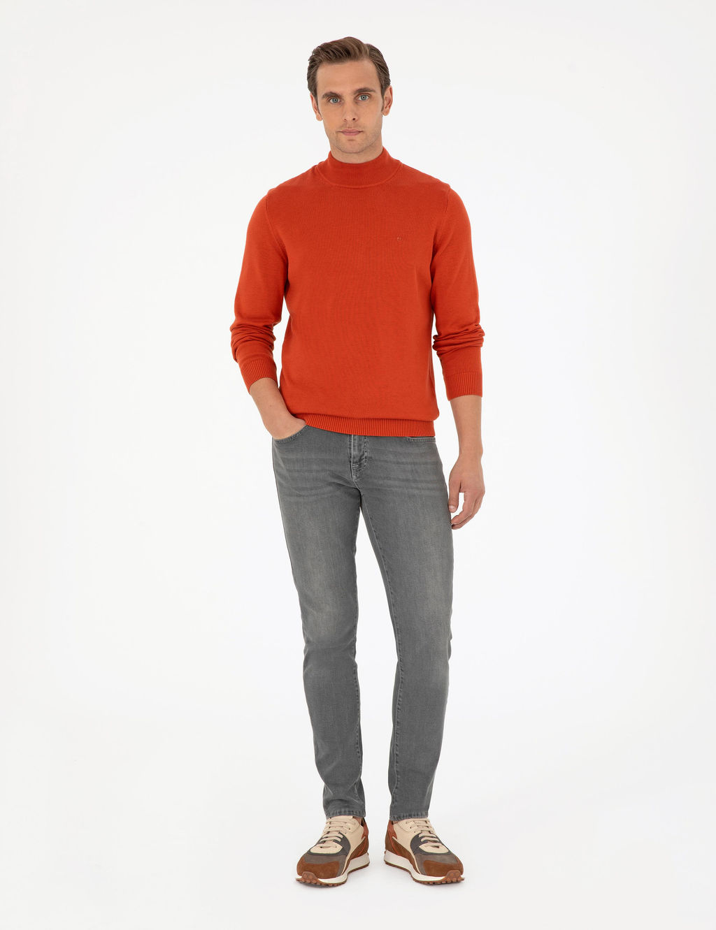 Turuncu Slim Fit Yar_m Bal_k__ Yaka Basic Triko Kazak - Pierre cardin фото 4