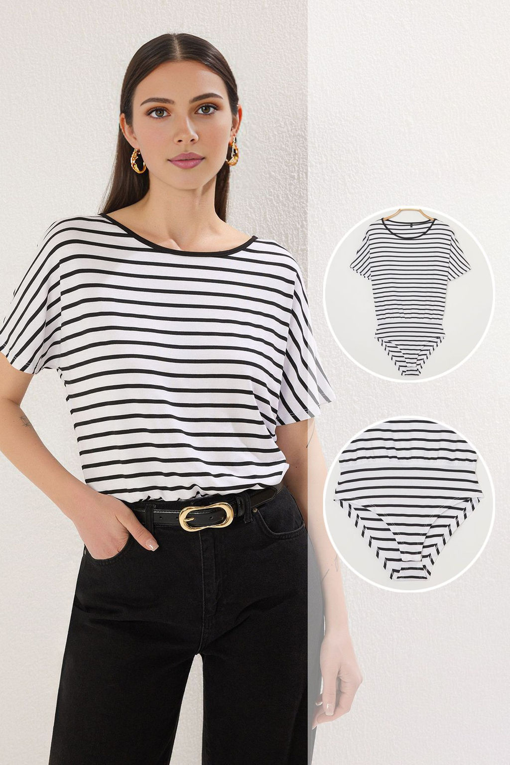 TRENDYOLMILLA Siyah Cizgili Truvakar Kol Relaxed/Rahat Kal?p Orme Body TWOSS25BD00020