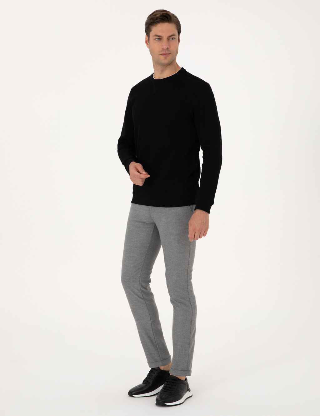 Gri Slim Fit Kordonlu Kanvas Pantolon