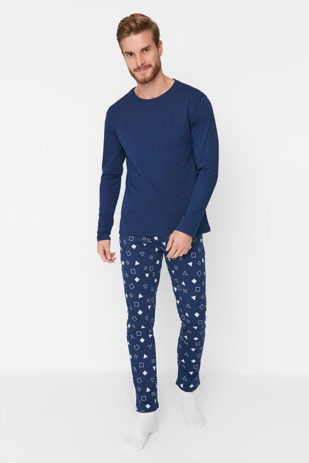 TRENDYOL MAN Lacivert %100 Pamuk Regular Fit Bask?l? Orme %100 Pamuk Pijama Tak?m? TMNAW23PT00029 - Trendyolmilla фото 2