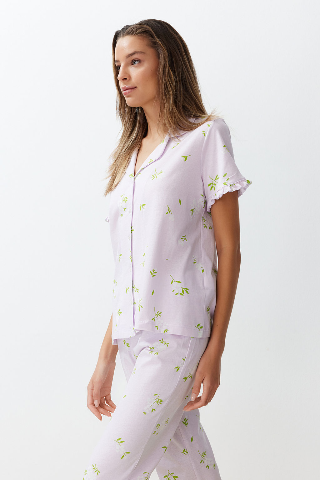 Trendyolmilla Mint %100 Pamuklu Cicekli F?rf?rl? Orme Pijama Tak?m? THMSS24PT00227  фото 2