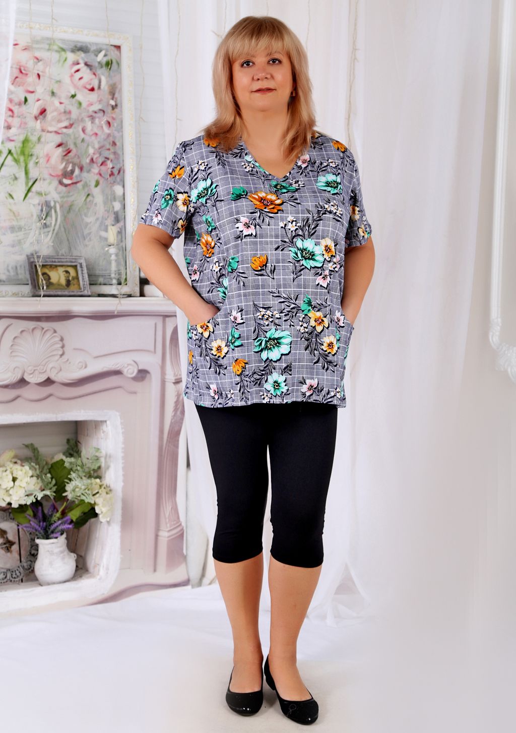 Футболка с карманами цветы - Марлен фото 2