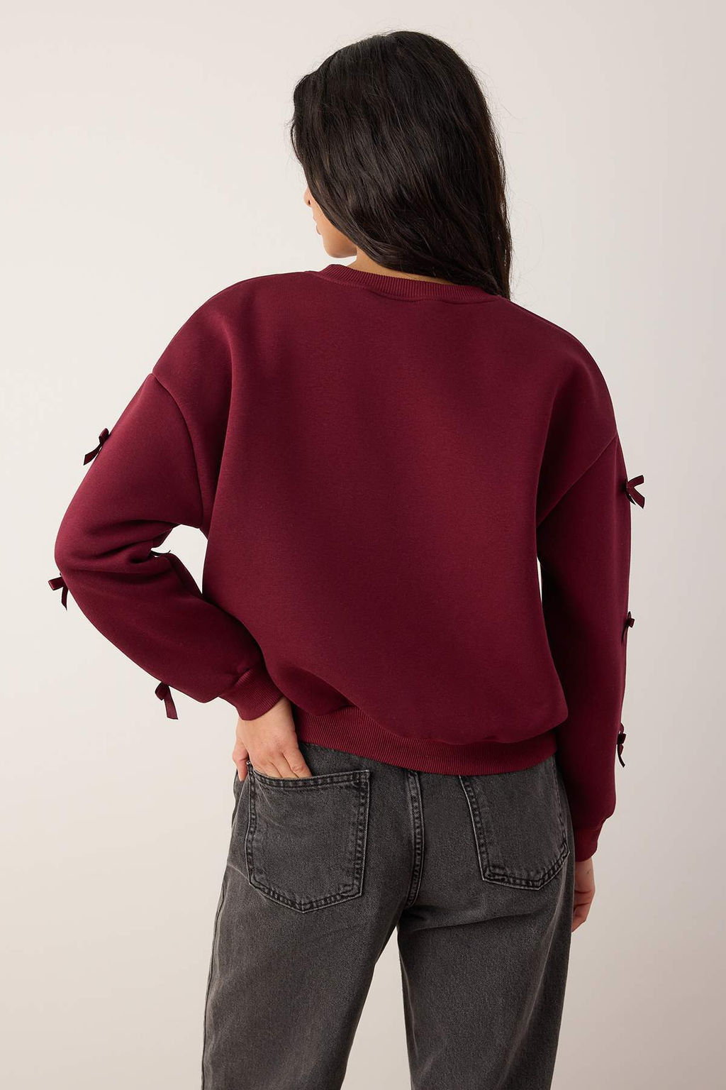 Bordo Kurdele Detayl? Kal?n Ici Polarl? Orme Sweatshirt TWOAW26SW00240 - Trendyolmilla фото 4