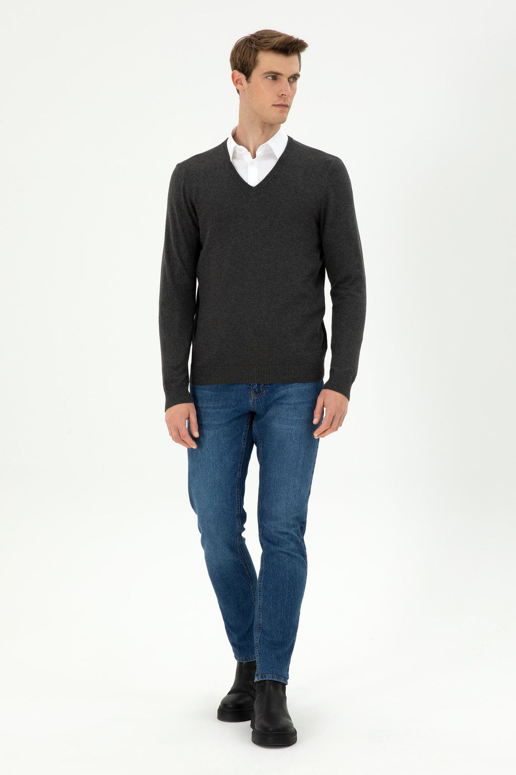 Erkek Slim Fit V Yaka Antrasit Melanj Basic Kazak - U.s. polo assn фото 4