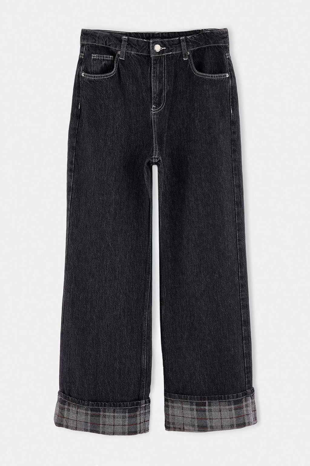 Antrasit %100 Pamuk Pa_a Ekose Detayl_ Y_ksek Bel Wide Leg Jeans TWOAW27JE00015 - Trendyolmilla фото 11