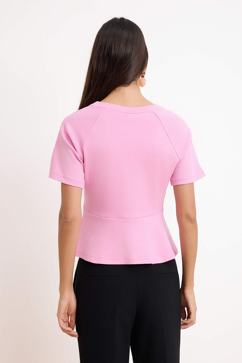 Pembe Peplum Reglan Kol K?sa Kollu Aksesuar Detayl? Interlok Orme Bluz TWOSS26BZ00242