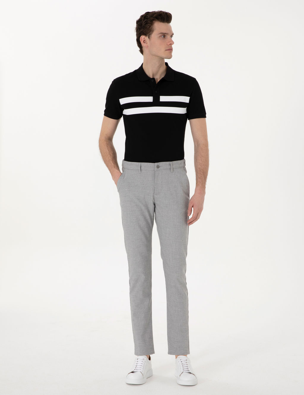 Gri Slim Fit Beli Lastikli _izgili Kanvas Pantolon