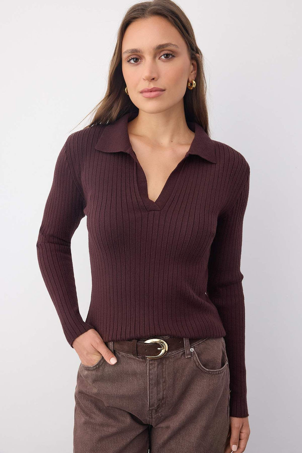 Wardrobe Essentials Kahverengi Premium IplikPolo Yaka Fitilli Triko Kazak | TWOAW26KZ00077 - Trendyolmilla фото 2
