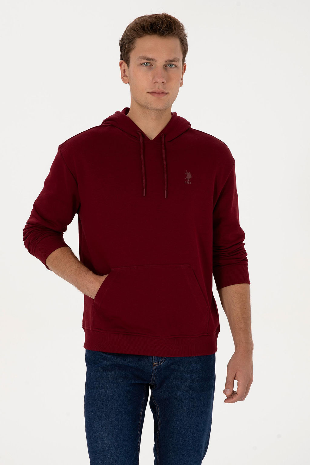 Erkek Comfort Fit Kap__onlu Bordo Basic Sweatshirt