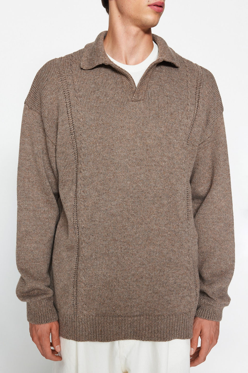 TRENDYOL MAN Vizon Oversize Fit Yunlu Genis Kal?p Polo Yaka Triko Kazak TMNAW24KZ00049 - Trendyolmilla фото 3