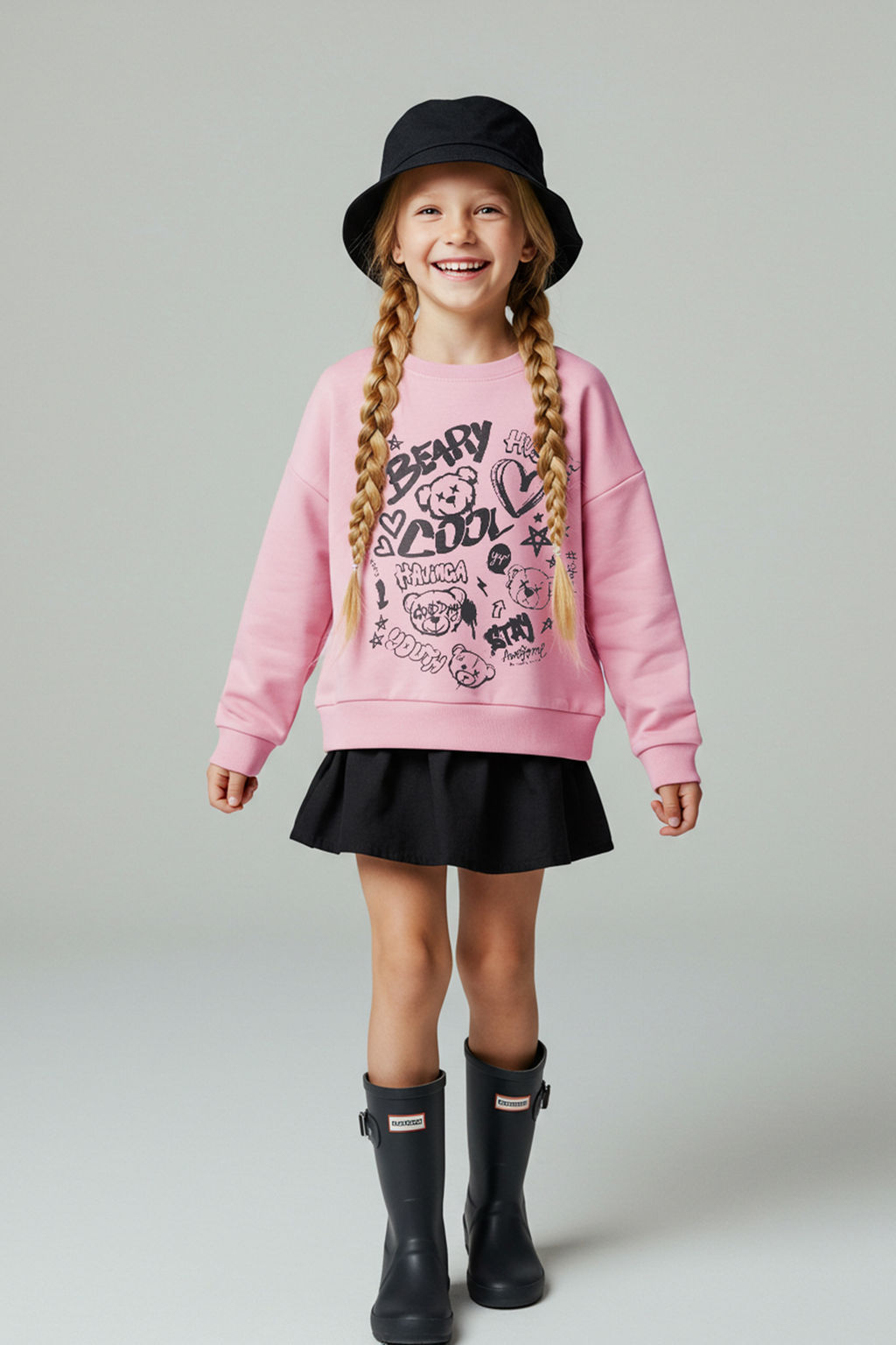 Ac?k Pembe Pamuklu Slogan Bask?l? Bisiklet Yaka Oversize Orme K?z Cocuk Sweatshirt TKDAW26SW00036