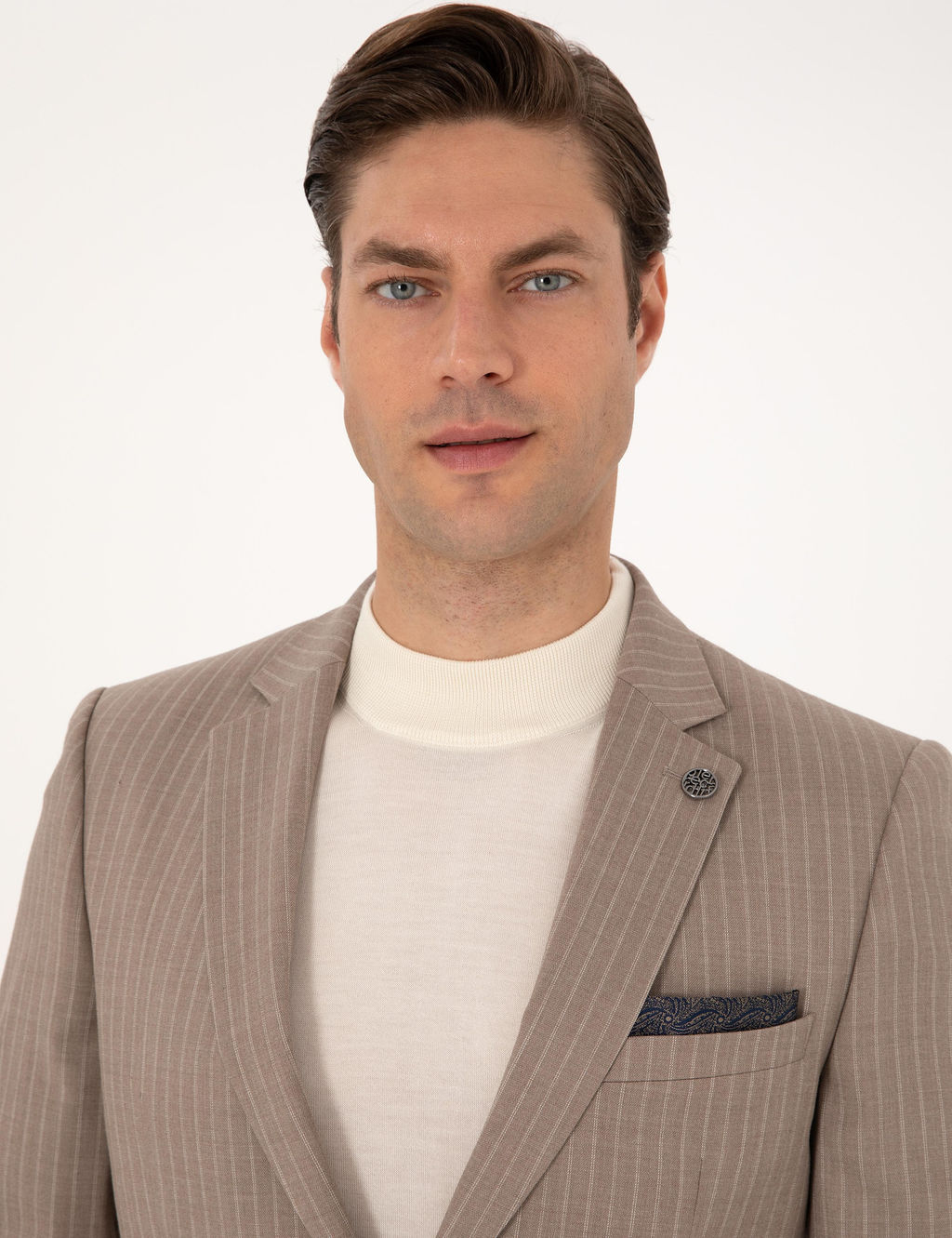 Bej Ex. Slim Fit Y_n Kar___ml_ _izgili Tak_m Elbise