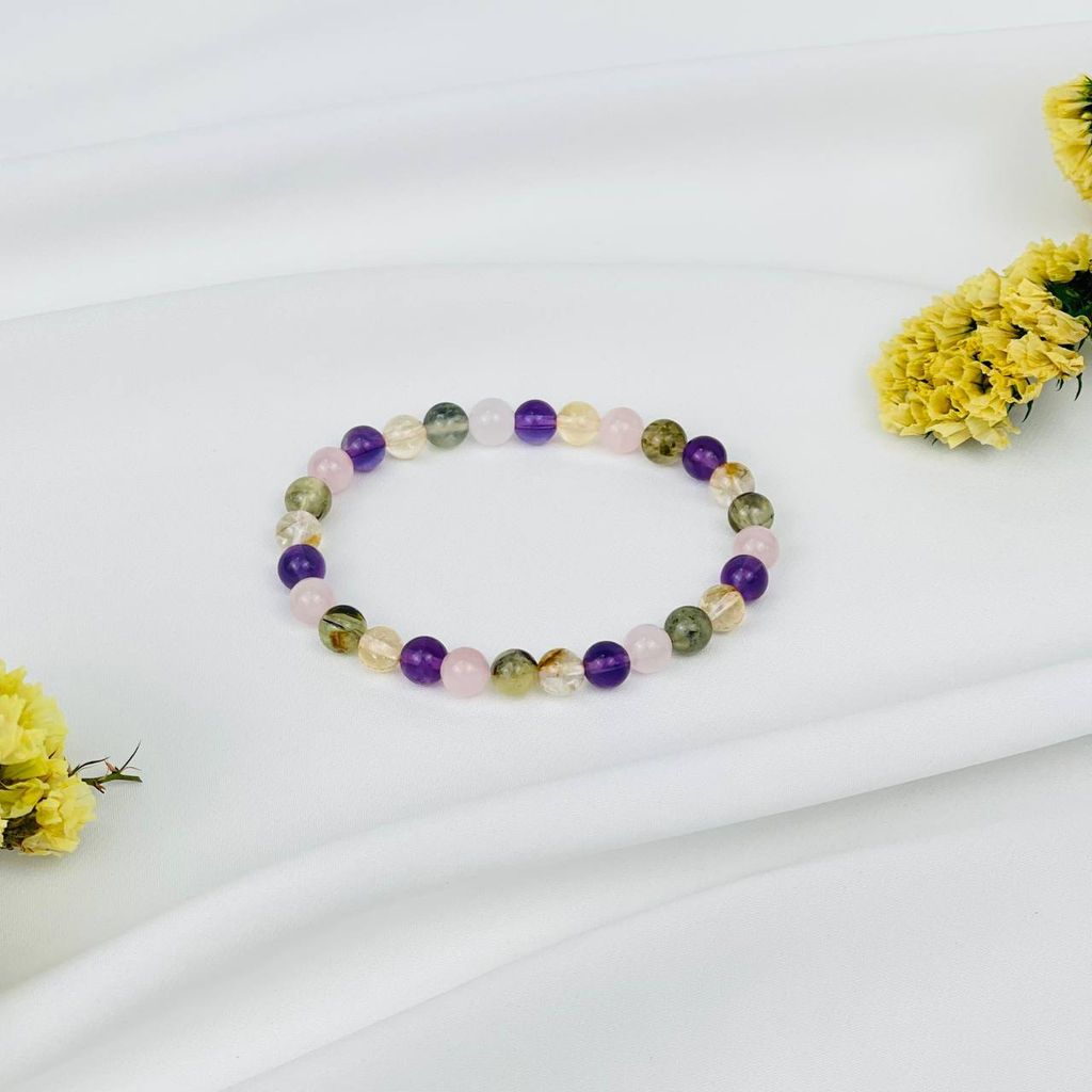 Браслет из Пренита, Аметиста, Розового кварца и Цитрина 18 см