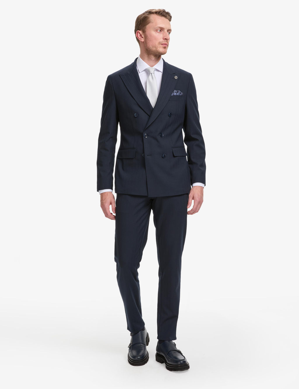Lacivert Ex. Slim Fit _izgili Kruvaze Tak_m Elbise