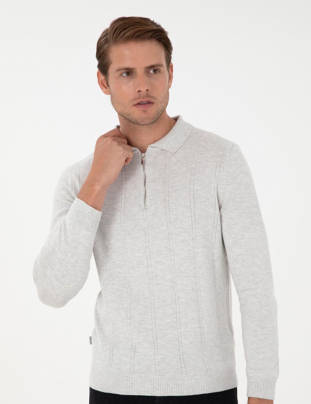 Krem Melanj Slim Fit Fermuarl_ Polo Yaka Triko Kazak - Pierre cardin фото 3