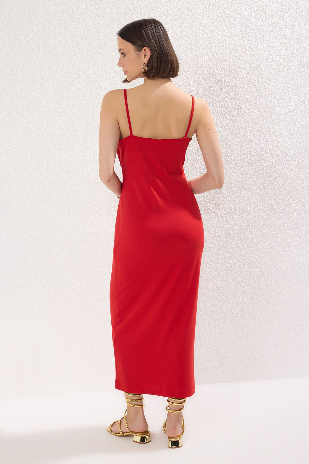 K?rm?z? Brode Detayl? Bodycone/Vucuda Oturan Midi Orme Elbise TWOSS25EL00356 - Trendyolmilla фото 6