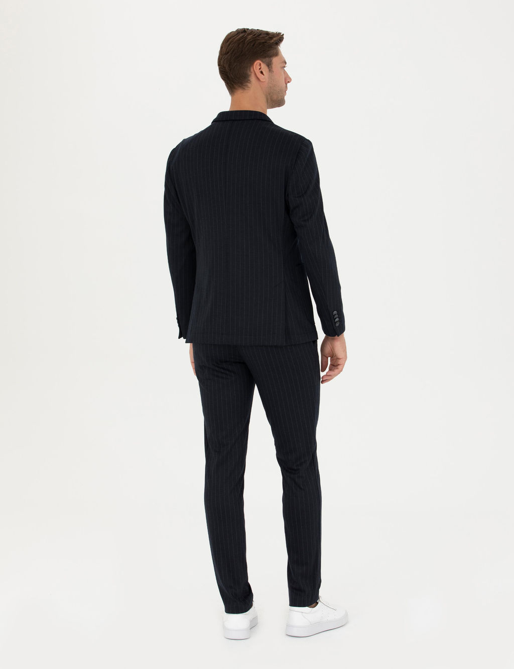Lacivert Ekstra Slim Fit Y_n Kar___ml_ _izgili Tak_m Elbise