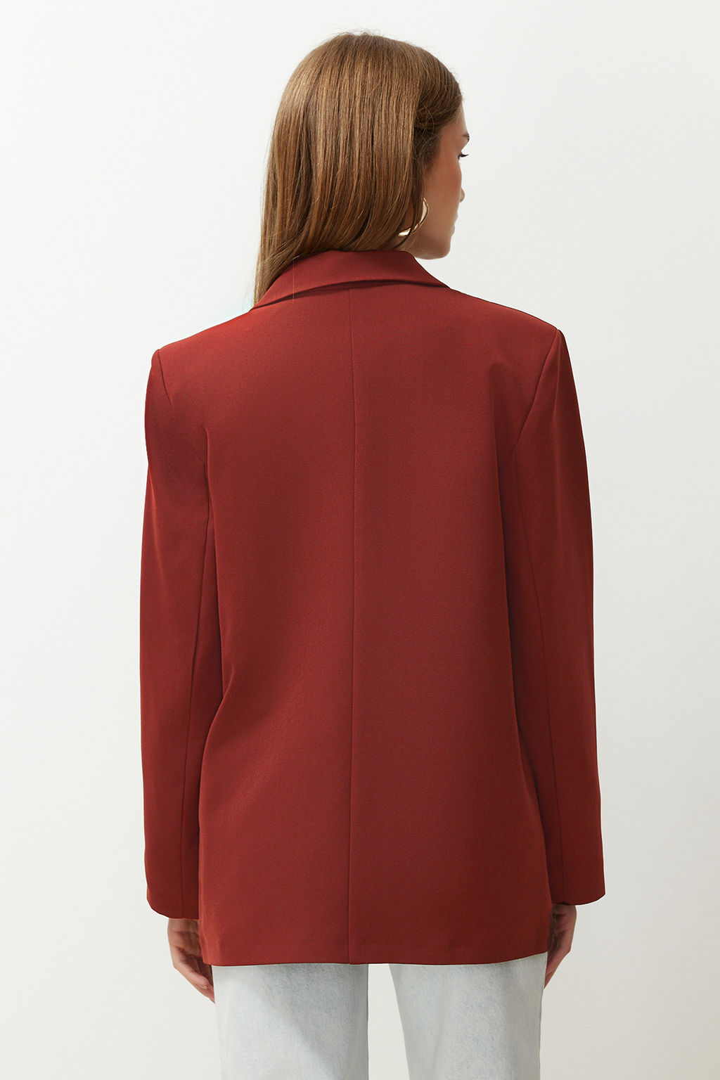 Bordo Kiremit Oversize Duz Kesim Basic Kruvaze Dokuma Blazer Ceket TWOSS24BC00028