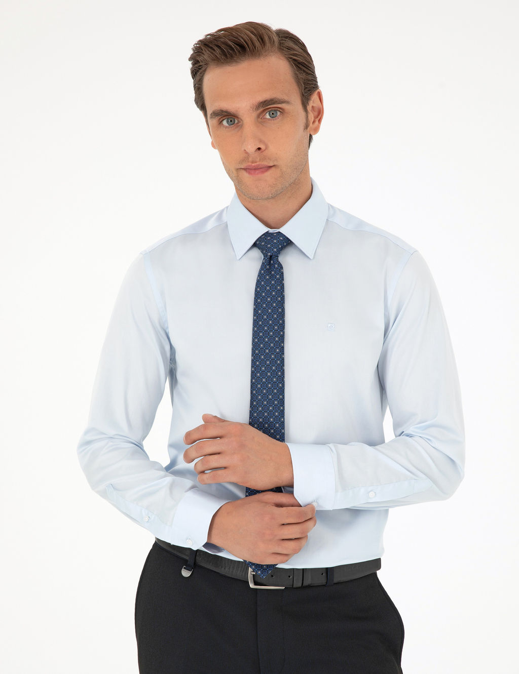 A__k Mavi %100 Pamuk Parlak Saten Slim Fit Uzun Kollu Basic G_mlek