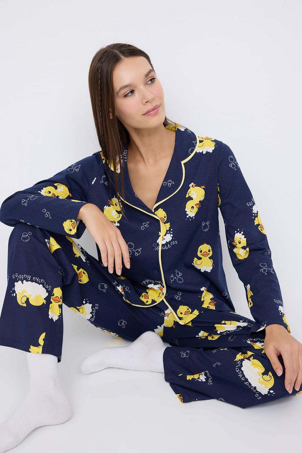 Teen Lacivert %100 Pamuklu Ordek Desenli Biyeli Orme Pijama Tak?m? THMAW26PT00117