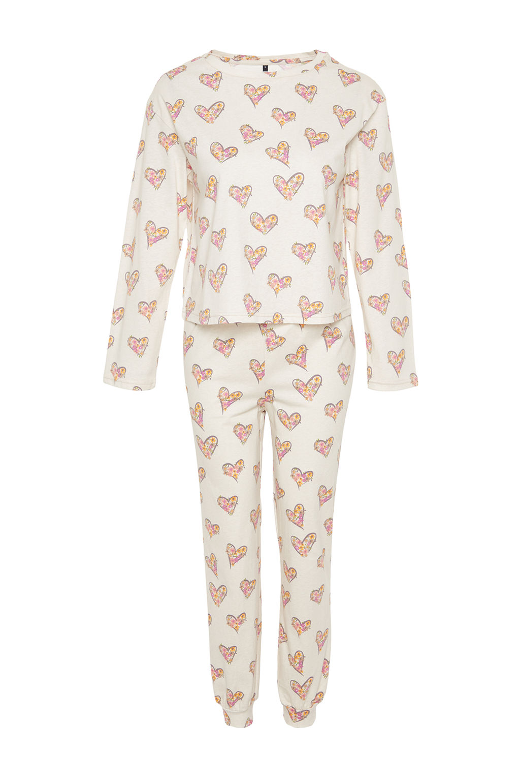 Krem %100 Pamuklu Kalpli Tshirt-Jogger Orme Pijama Tak?m? THMAW24PT00116